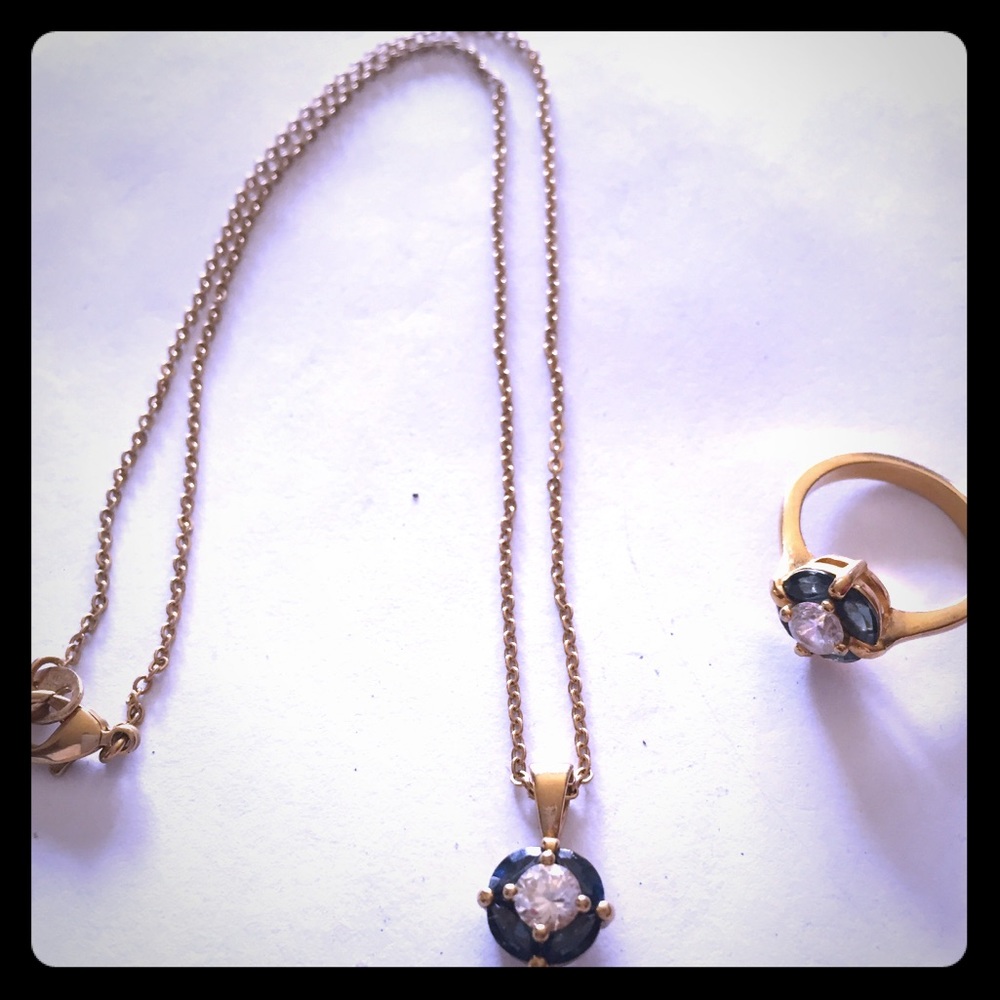 Avon Sapphire pendant necklace & ring set